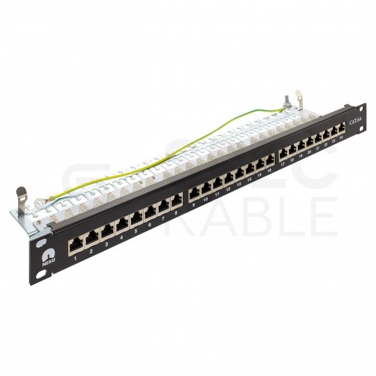 Patch panel RACK 19" kat.6A 24p FTP z półką 1U czarny NEKU