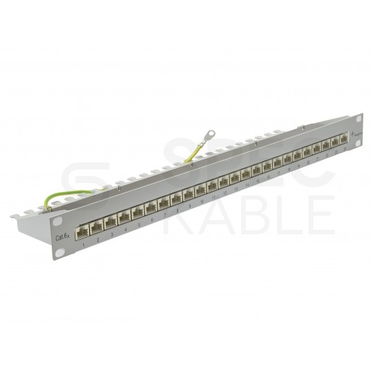 Patch panel RACK 19" kat.6A 24p FTP z półką 1U szary Telegärtner
