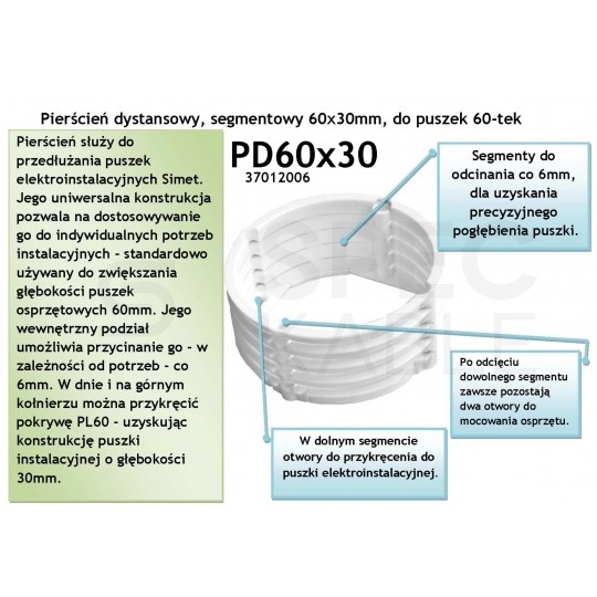 Pierścień dystansowy 30mm (5x 6mm) do puszki podtynkowej fi:60mm SIMET