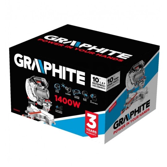 Piła, pilarka ukosowa sieciowa 230V 1400W z funkcją posuwu, tarcza 185x16mm w zestawie z akcesoriami GRAPHITE 59G800