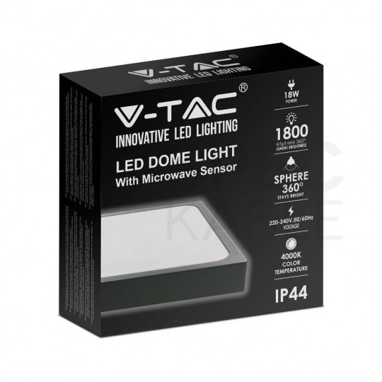 Plafon kwadratowy natynkowy LED 24W 2400lm 4000K IP44 czarny barwa NW biała neutralna z mikrofalowym czujnikiem ruchu V-TAC VT-8624S