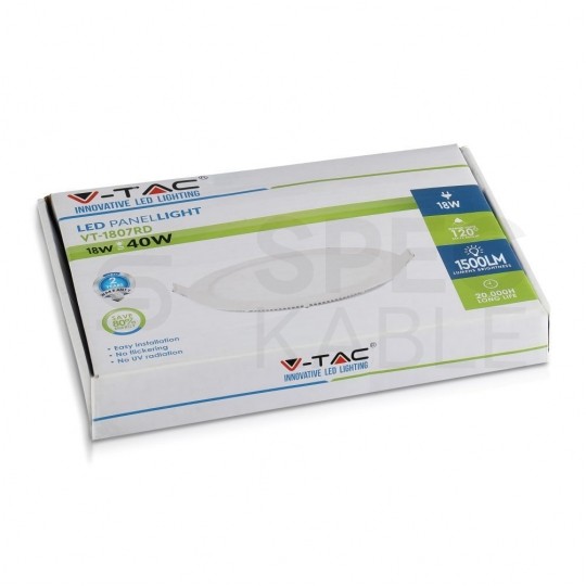 Plafon okrągły podtynkowy wpuszczany LED 18W 1500lm 3000K IP20 biały barwa WW biała ciepła V-TAC VT-1807RD