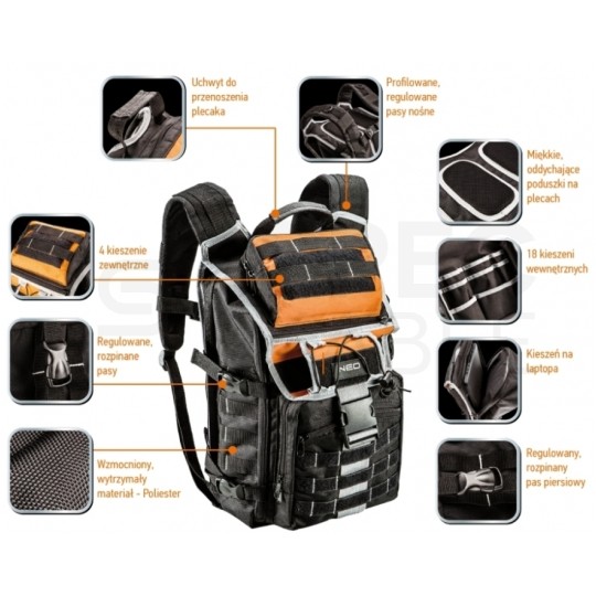 Plecak narzędziowy monterski ze wzmocnieniem 600D udźwig 15kg, 18+4 kieszeni NEO 84-304