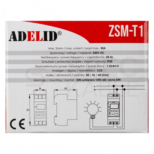 Programator czasowy tygodniowy na szynę TH-35 1P (230V AC), 1-modułowy ADELID