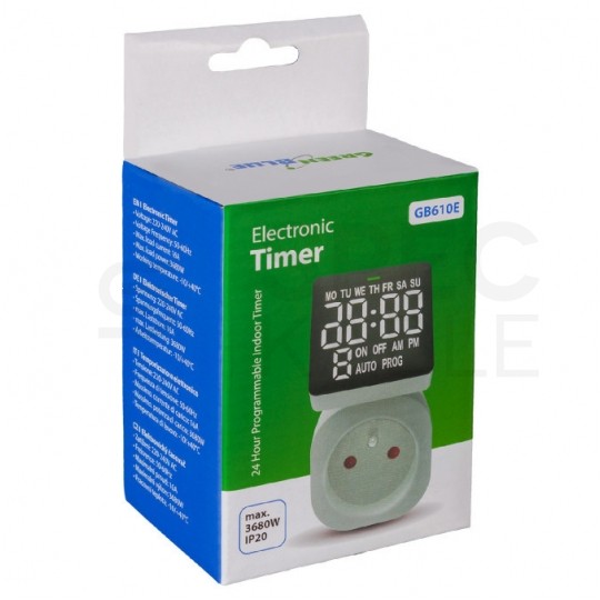 Programator czasowy wyłącznik cyfrowy TIMER z obracanym wyświetlaczem LCD do gniazda 230V GreenBlue GB610 E