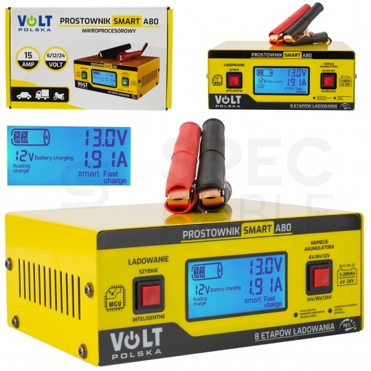 Prostownik automatyczny SMART A80 do akumulatorów 6V-24V 15A z mikroprocesorem i wyświetlaczem LCD VOLT