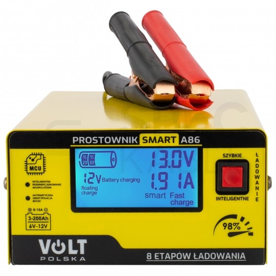Prostownik automatyczny SMART A86 do akumulatorów 6V/12V 15A z mikroprocesorem i wyświetlaczem LCD VOLT