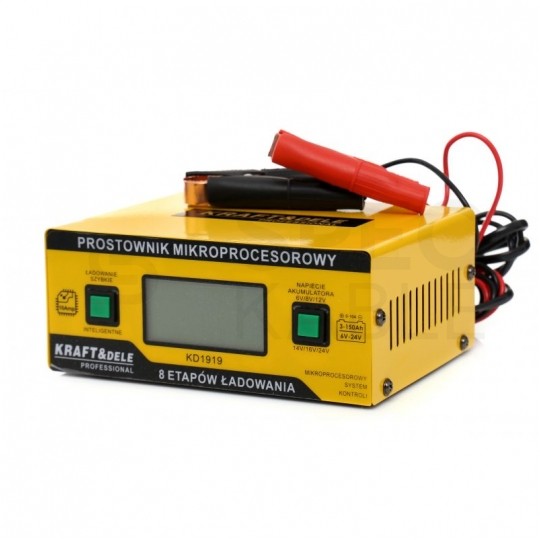 Prostownik automatyczny smart do akumulatorów 6V-24V 10A z mikroprocesorem i wyświetlaczem LCD Kraft&Dele