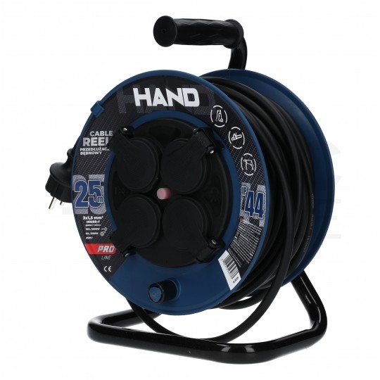 Przedłużacz budowlany zwijany na bębnie Rozgałęźnik na 4 gniazda [2P+Z] 230V IP44 na kablu OW 3x1,5mm2 25m HAND