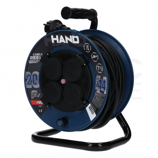 Przedłużacz budowlany zwijany na bębnie Rozgałęźnik na 4 gniazda [2P+Z] 230V IP44 na kablu OW 3x2,5mm2 20m HAND