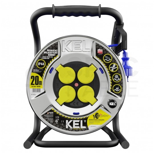 Przedłużacz budowlany zwijany na bębnie Rozgałęźnik Premium na 4 gniazda [2P+Z] 230V IP44 na niebieskim kablu PUR (H07BQ-F) 3x1,5mm2 20m Heavy KEL