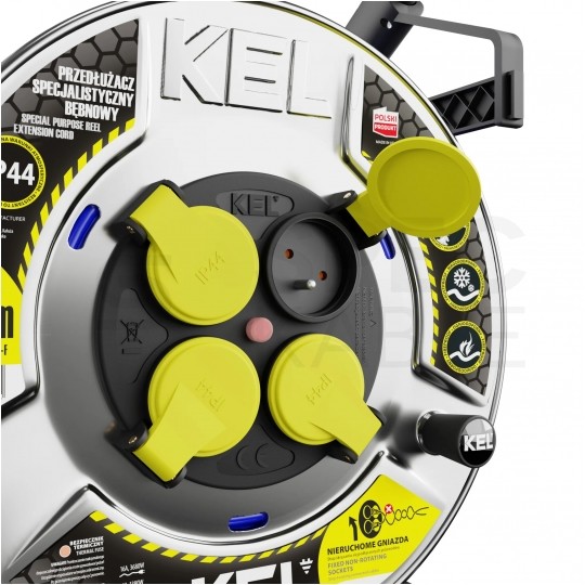 Przedłużacz budowlany zwijany na bębnie Rozgałęźnik Premium na 4 gniazda [2P+Z] 230V IP44 na niebieskim kablu PUR (H07BQ-F) 3x1,5mm2 20m Heavy KEL