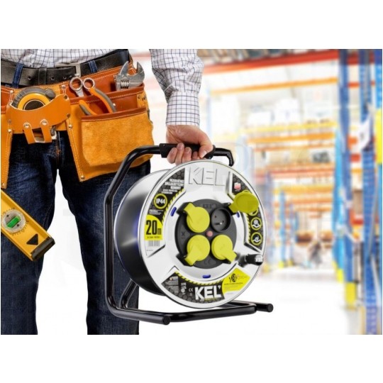 Przedłużacz budowlany zwijany na bębnie Rozgałęźnik Premium na 4 gniazda [2P+Z] 230V IP44 na niebieskim kablu PUR (H07BQ-F) 3x1,5mm2 20m Heavy KEL