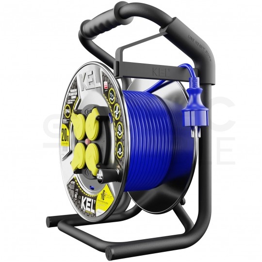 Przedłużacz budowlany zwijany na bębnie Rozgałęźnik Premium na 4 gniazda [2P+Z] 230V IP44 na niebieskim kablu PUR (H07BQ-F) 3x1,5mm2 20m Heavy KEL