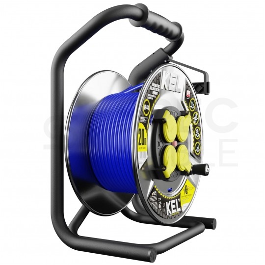 Przedłużacz budowlany zwijany na bębnie Rozgałęźnik Premium na 4 gniazda [2P+Z] 230V IP44 na niebieskim kablu PUR (H07BQ-F) 3x2,5mm2 20m Heavy KEL