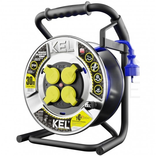 Przedłużacz budowlany zwijany na bębnie Rozgałęźnik Premium na 4 gniazda [2P+Z] 230V IP44 na niebieskim kablu PUR (H07BQ-F) 3x2,5mm2 30m Heavy KEL