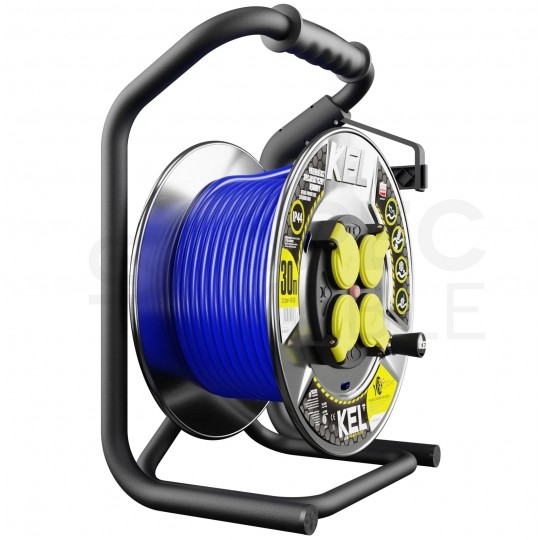 Przedłużacz budowlany zwijany na bębnie Rozgałęźnik Premium na 4 gniazda [2P+Z] 230V IP44 na niebieskim kablu PUR (H07BQ-F) 3x2,5mm2 30m Heavy KEL