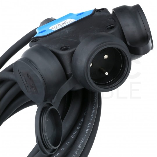 Przedłużacz elektryczny Kabel zasilający budowlany gumowy OnPD 3x2,5mm2 (wtyk / 3 gniazda z klapką) 16A IP44 czarny 50m Doktorvolt