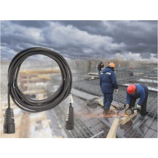 Przedłużacz elektryczny Kabel zasilający budowlany gumowy OW 3x2,5mm2 (wtyk / gniazdo z klapką) 16A IP44 czarny 10m