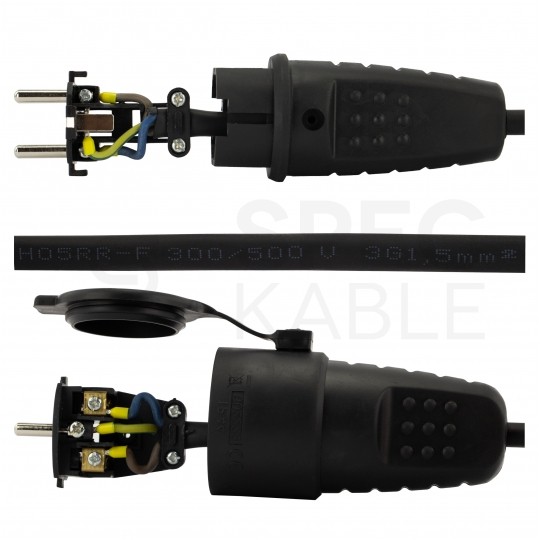 Przedłużacz elektryczny Kabel zasilający budowlany gumowy OW 3x2,5mm2 (wtyk / gniazdo z klapką) 16A IP44 czarny 10m