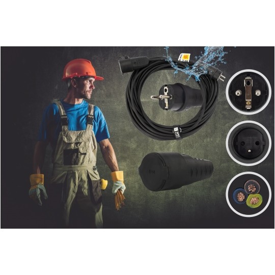 Przedłużacz elektryczny Kabel zasilający budowlany gumowy OW 3x2,5mm2 (wtyk / gniazdo z klapką) 16A IP44 czarny 10m