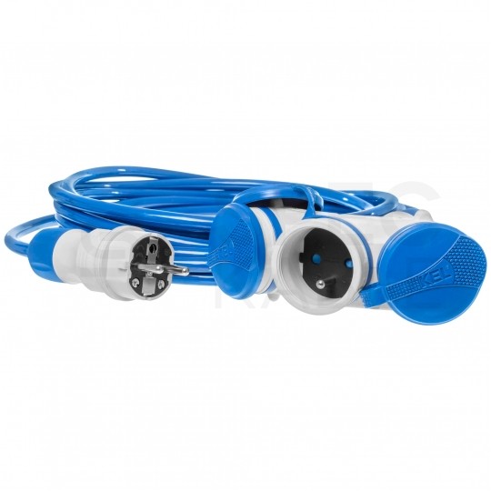 Przedłużacz elektryczny Kabel zasilający budowlany Premium poliuretanowy PUR (H07BQ-F) 3x1,5mm2 (wtyk / 3 gniazda z klapką) 16A IP54 niebieski 10m KEL