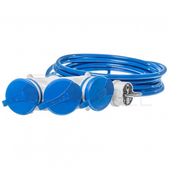 Przedłużacz elektryczny Kabel zasilający budowlany Premium poliuretanowy PUR (H07BQ-F) 3x1,5mm2 (wtyk / 3 gniazda z klapką) 16A IP54 niebieski 10m KEL