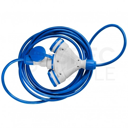 Przedłużacz elektryczny Kabel zasilający budowlany Premium poliuretanowy PUR (H07BQ-F) 3x1,5mm2 (wtyk / 3 gniazda z klapką) 16A IP54 niebieski 10m KEL
