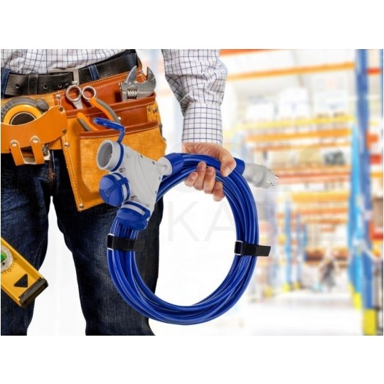 Przedłużacz elektryczny Kabel zasilający budowlany Premium poliuretanowy PUR (H07BQ-F) 3x1,5mm2 (wtyk / 3 gniazda z klapką) 16A IP54 niebieski 20m KEL