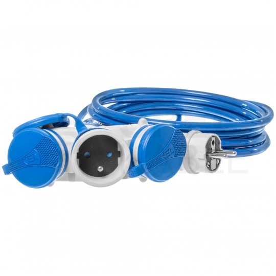 Przedłużacz elektryczny Kabel zasilający budowlany Premium poliuretanowy PUR (H07BQ-F) 3x1,5mm2 (wtyk / 3 gniazda z klapką) 16A IP54 niebieski 20m KEL