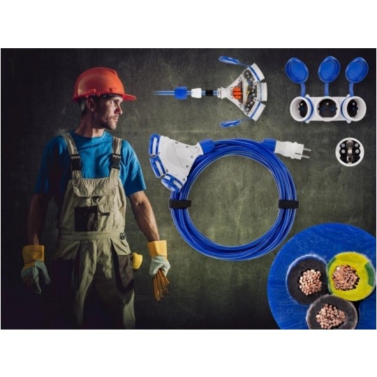 Przedłużacz elektryczny Kabel zasilający budowlany Premium poliuretanowy PUR (H07BQ-F) 3x1,5mm2 (wtyk / 3 gniazda z klapką) 16A IP54 niebieski 20m KEL