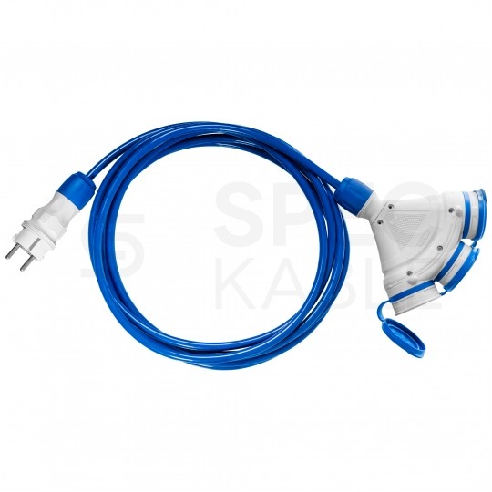 Przedłużacz elektryczny Kabel zasilający budowlany Premium poliuretanowy PUR (H07BQ-F) 3x1,5mm2 (wtyk / 3 gniazda z klapką) 16A IP54 niebieski 20m KEL
