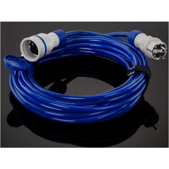 Przedłużacz elektryczny Kabel zasilający budowlany Premium poliuretanowy PUR (H07BQ-F) 3x1,5mm2 (wtyk / gniazdo z klapką) 16A IP54 niebieski 20m KEL