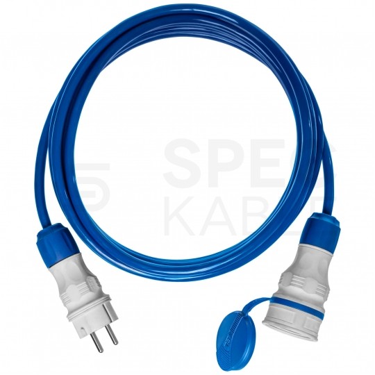 Przedłużacz elektryczny Kabel zasilający budowlany Premium poliuretanowy PUR (H07BQ-F) 3x1,5mm2 (wtyk / gniazdo z klapką) 16A IP54 niebieski 20m KEL