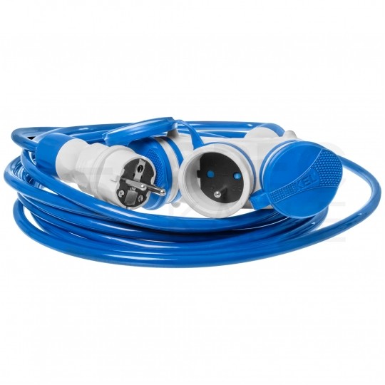 Przedłużacz elektryczny Kabel zasilający budowlany Premium poliuretanowy PUR (H07BQ-F) 3x2,5mm2 (wtyk / 3 gniazda z klapką) 16A IP54 niebieski 20m KEL