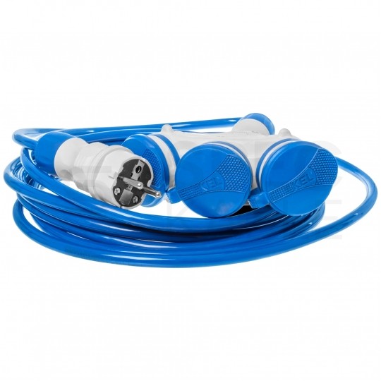 Przedłużacz elektryczny Kabel zasilający budowlany Premium poliuretanowy PUR (H07BQ-F) 3x2,5mm2 (wtyk / 3 gniazda z klapką) 16A IP54 niebieski 20m KEL