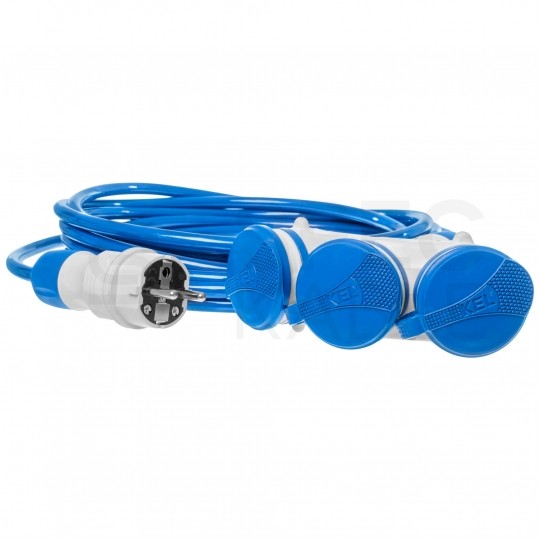 Przedłużacz elektryczny Kabel zasilający budowlany Premium poliuretanowy PUR (H07BQ-F) 3x2,5mm2 (wtyk / 3 gniazda z klapką) 16A IP54 niebieski 20m KEL