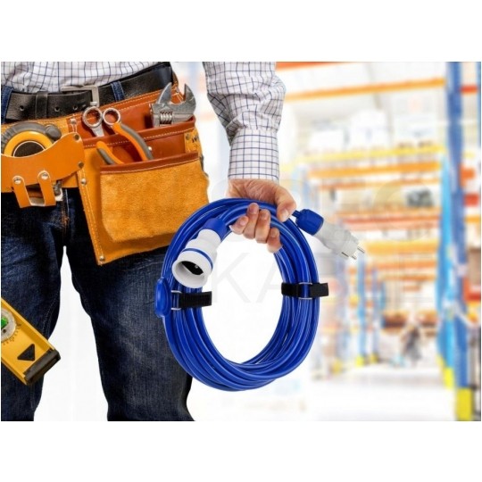 Przedłużacz elektryczny Kabel zasilający budowlany Premium poliuretanowy PUR (H07BQ-F) 3x2,5mm2 (wtyk / gniazdo z klapką) 16A IP54 niebieski 20m KEL