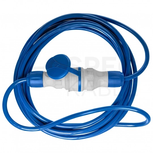 Przedłużacz elektryczny Kabel zasilający budowlany Premium poliuretanowy PUR (H07BQ-F) 3x2,5mm2 (wtyk / gniazdo z klapką) 16A IP54 niebieski 20m KEL