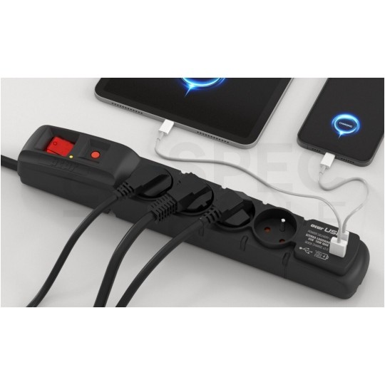 Przedłużacz elektryczny Listwa zasilająca antyprzepięciowa ACAR F4 na 4 gniazd [2P+Z] + ładowarka QC USB A+C z wyłącznikiem czarna 5m