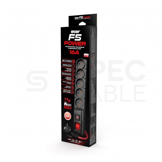 Przedłużacz elektryczny Listwa zasilająca antyprzepięciowa ACAR F5 Power na 5 gniazd [2P+Z] z wyłącznikiem Wzmocniona czarna 1,5m