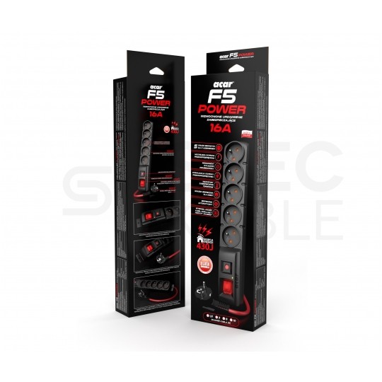 Przedłużacz elektryczny Listwa zasilająca antyprzepięciowa ACAR F5 Power na 5 gniazd [2P+Z] z wyłącznikiem Wzmocniona czarna 10m