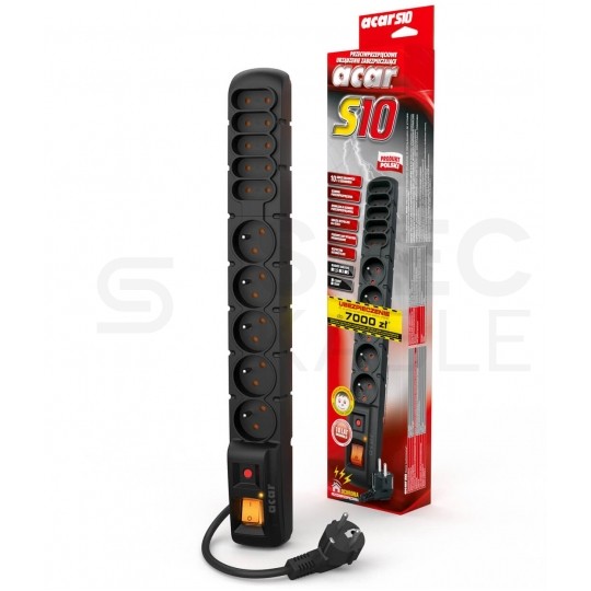 Przedłużacz elektryczny Listwa zasilająca antyprzepięciowa ACAR S10 na 5 gniazd [2P+Z] + 5 płaskich [2P] z wyłącznikiem czarna 1,5m