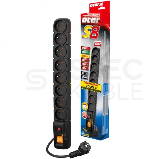 Przedłużacz elektryczny Listwa zasilająca antyprzepięciowa ACAR S8 na 8 gniazd [2P+Z] z wyłącznikiem czarna 1,5m