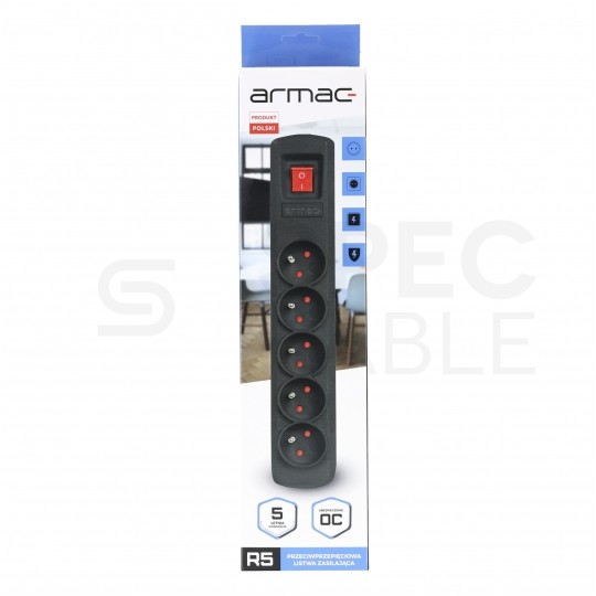 Przedłużacz elektryczny Listwa zasilająca antyprzepięciowa ARMAC R5 na 5 gniazd [2P+Z] z wyłącznikiem czarna 1,5m