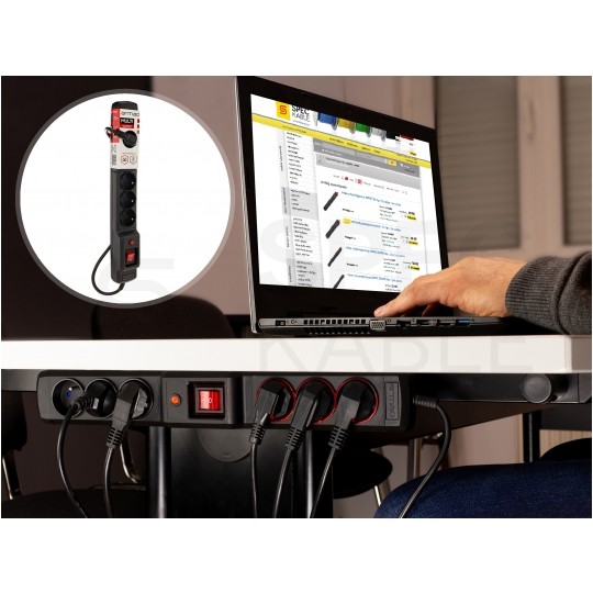 Przedłużacz elektryczny Listwa zasilająca antyprzepięciowa ARMAC R8 na 5 gniazd [2P+Z] + 3 płaskie [2P] z wyłącznikiem czarna 3m