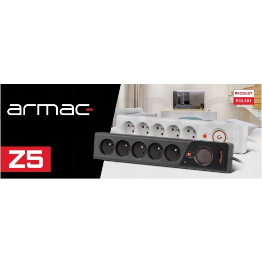 Przedłużacz elektryczny Listwa zasilająca antyprzepięciowa ARMAC Z5 na 5 gniazd [2P+Z] z wyłącznikiem czarna 3m