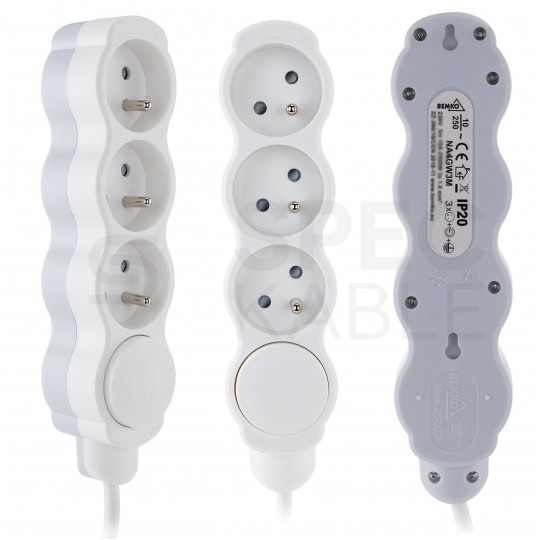 Przedłużacz elektryczny Listwa zasilająca na 3 gniazda [2P+Z] z wyłącznikiem biało-szara 1,5m BEMKO