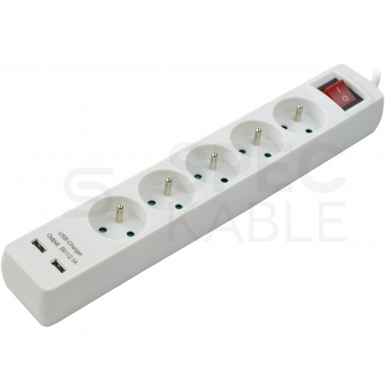 Przedłużacz elektryczny Listwa zasilająca na 5 gniazd [2P+Z] + 2 gniazda USB (5V 2,1A) z wyłącznikiem biała 5m