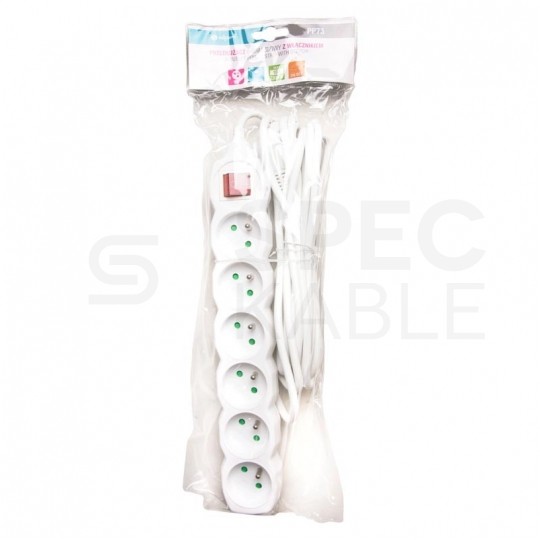 Przedłużacz elektryczny Listwa zasilająca na 6 gniazd [2P+Z] z wyłącznikiem biała 5m